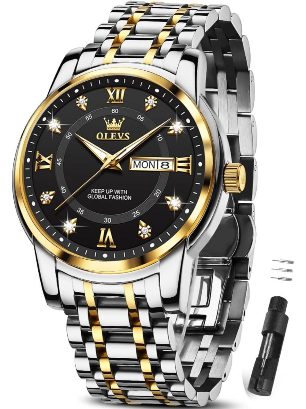 Mens Silver Black Face Stainless Luminous Quartz Waterproof Dimond Classic Watch